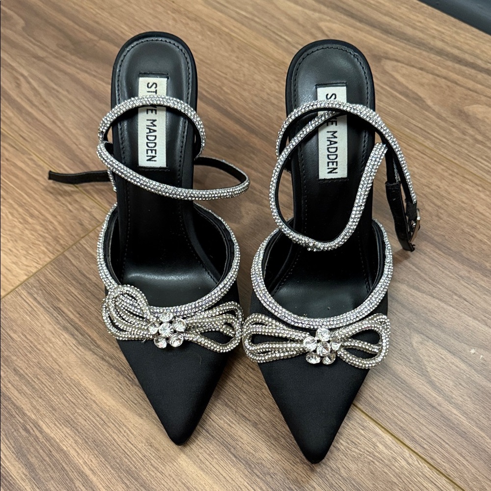 Steve Madden Black Satin Heels with Silver Embellishments